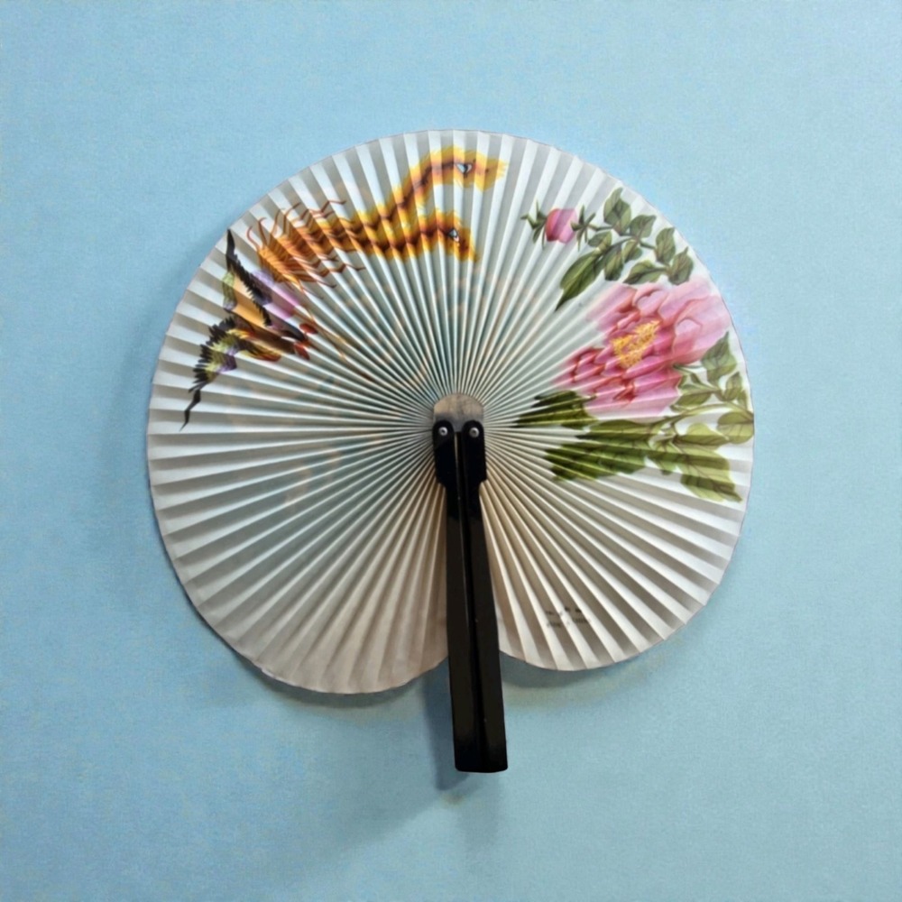 Vintage asian Folding Hand Fan with Bird Floral Design Wood Paper wall art